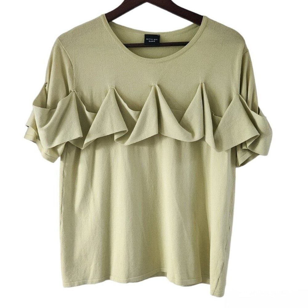 Bitte Kai Rand Chartreuse Ruffled Top Sweater Short Sleeves Lagenlook Women L